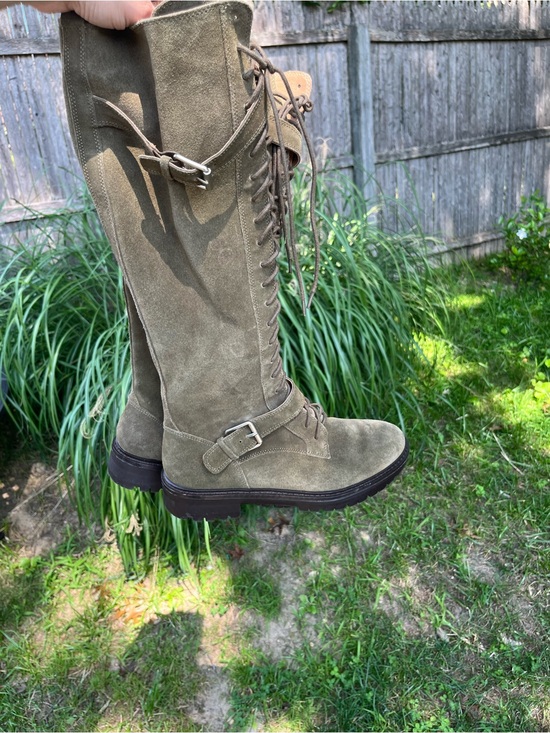 Lucky Brand Shoes - Lucky Brand Inniko Boots 8 Green Suede Lace Up Tall Buckle Moto Grunge Combat